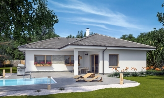 Magnifique bungalow en forme de L avec terrasse couverte.
